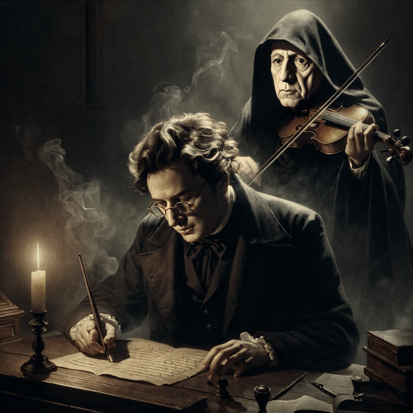 Composer Writing Music in Dimly Lit Room with Shadows
