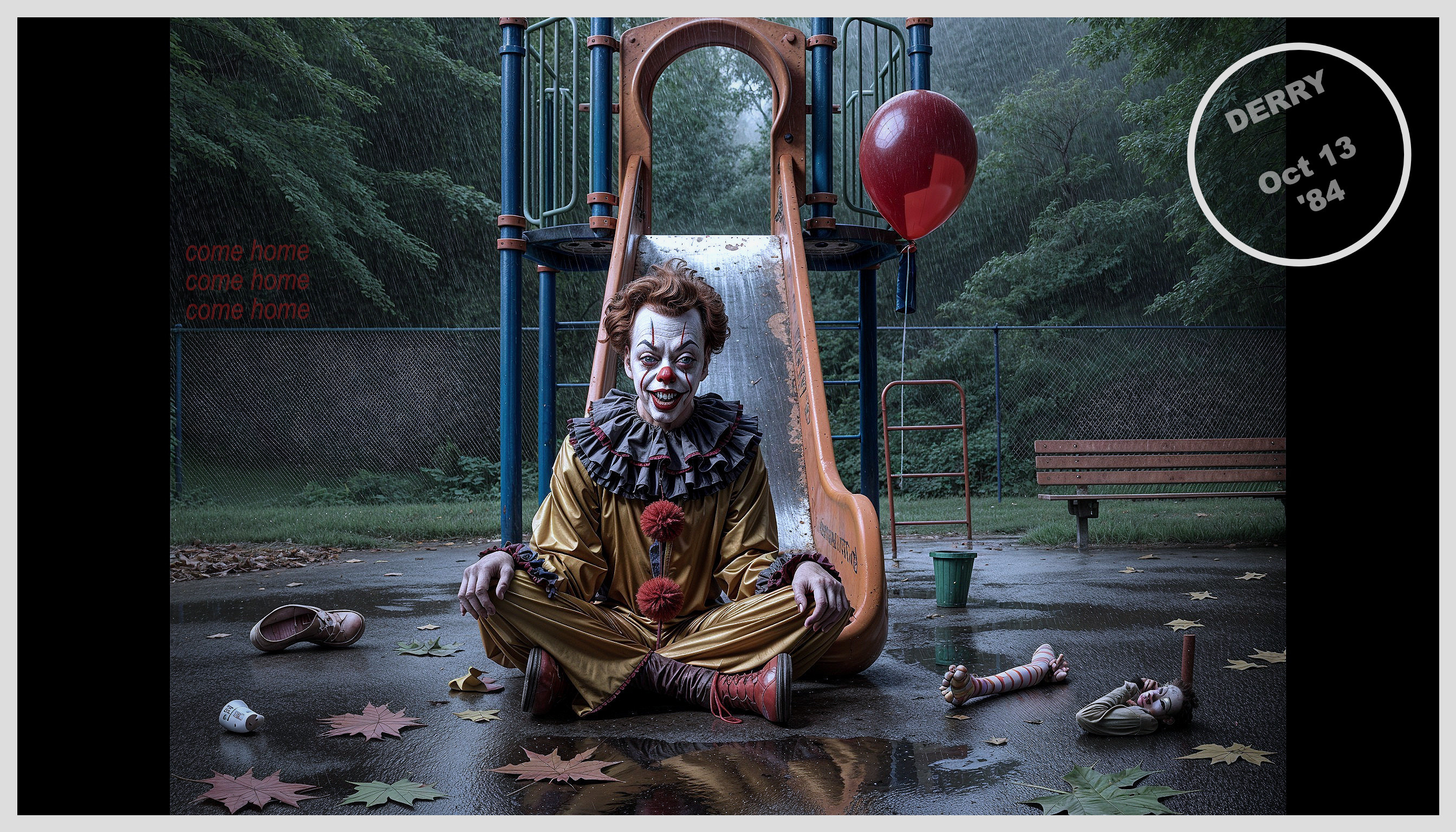 Sinister Clown in Dim Playground with Red Balloon