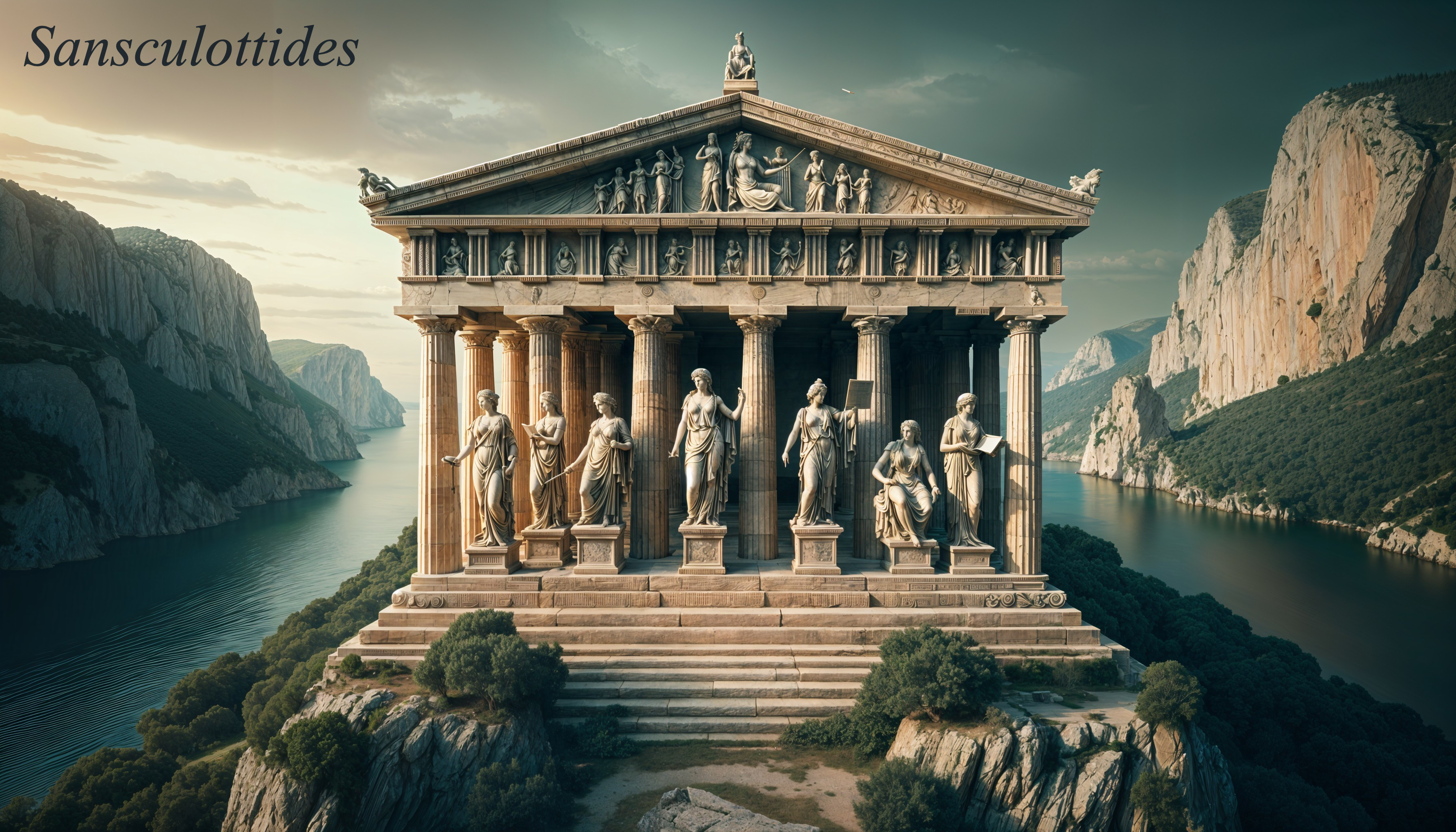 Classical temple with columns and historical statues