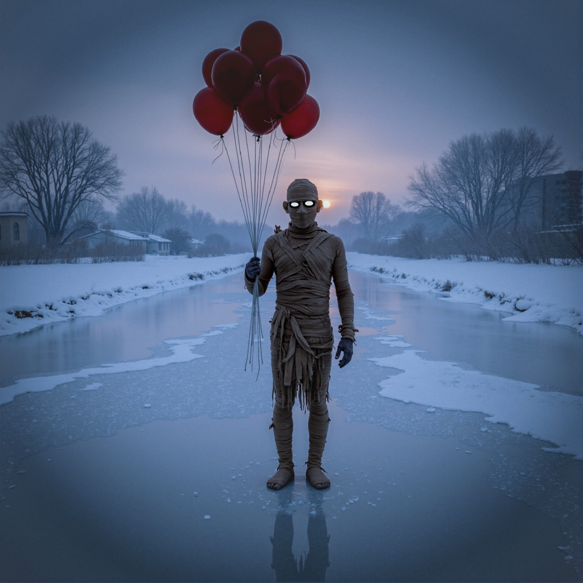 Mysterious Figure with Balloons on Frozen River