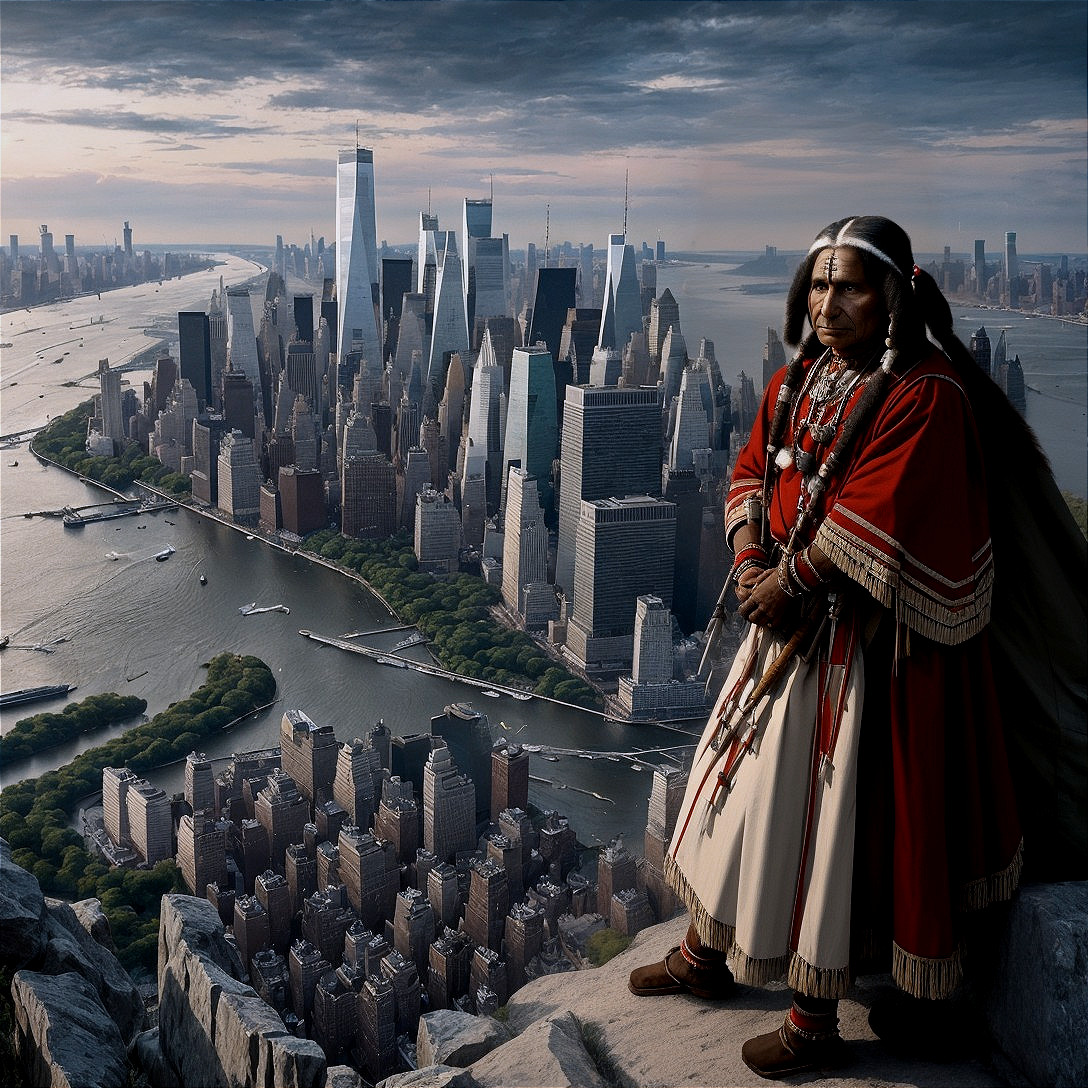 Indigenous Figure Overlooking Futuristic New York City