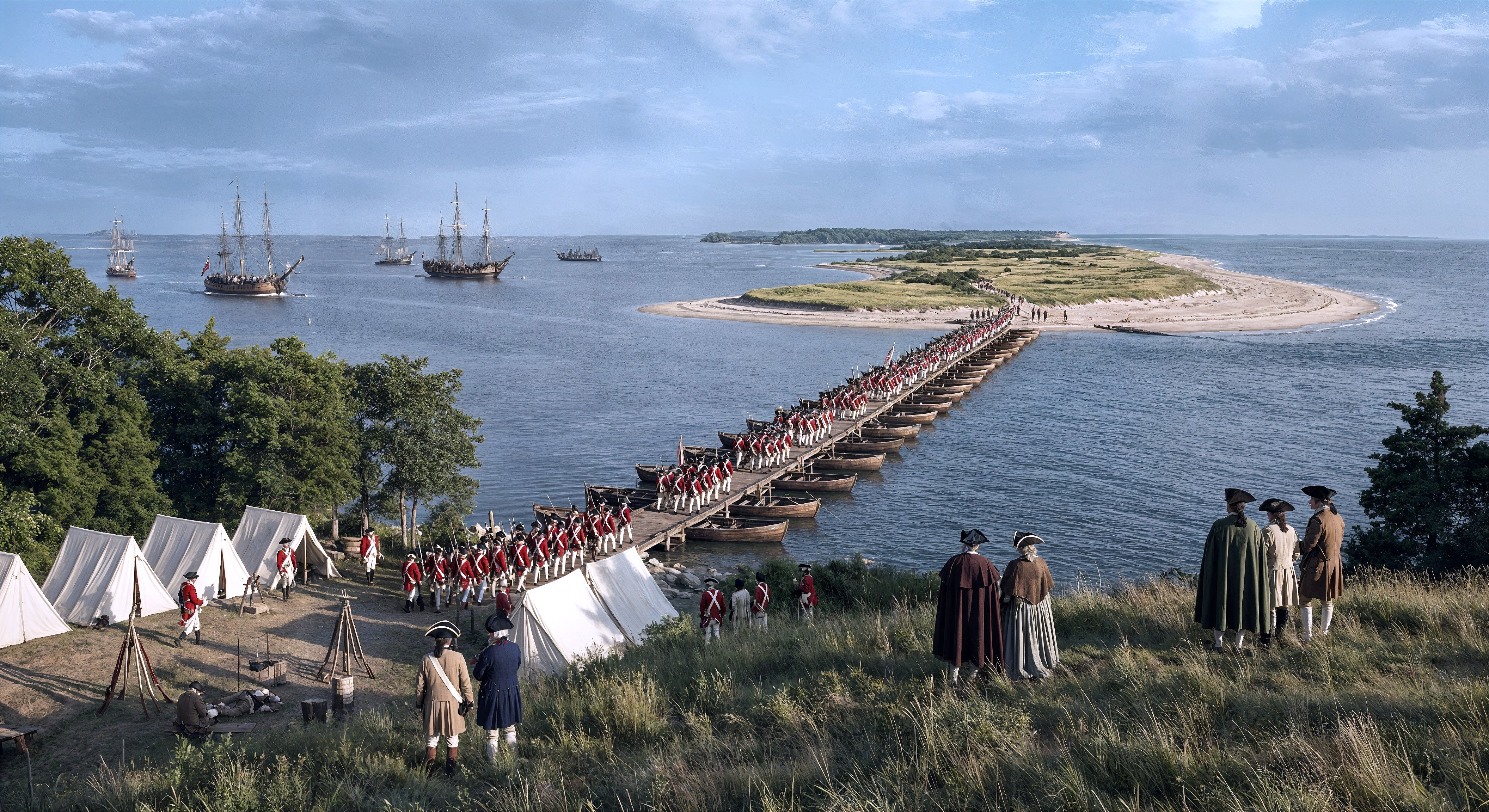 Historical military camp near waterfront with soldiers