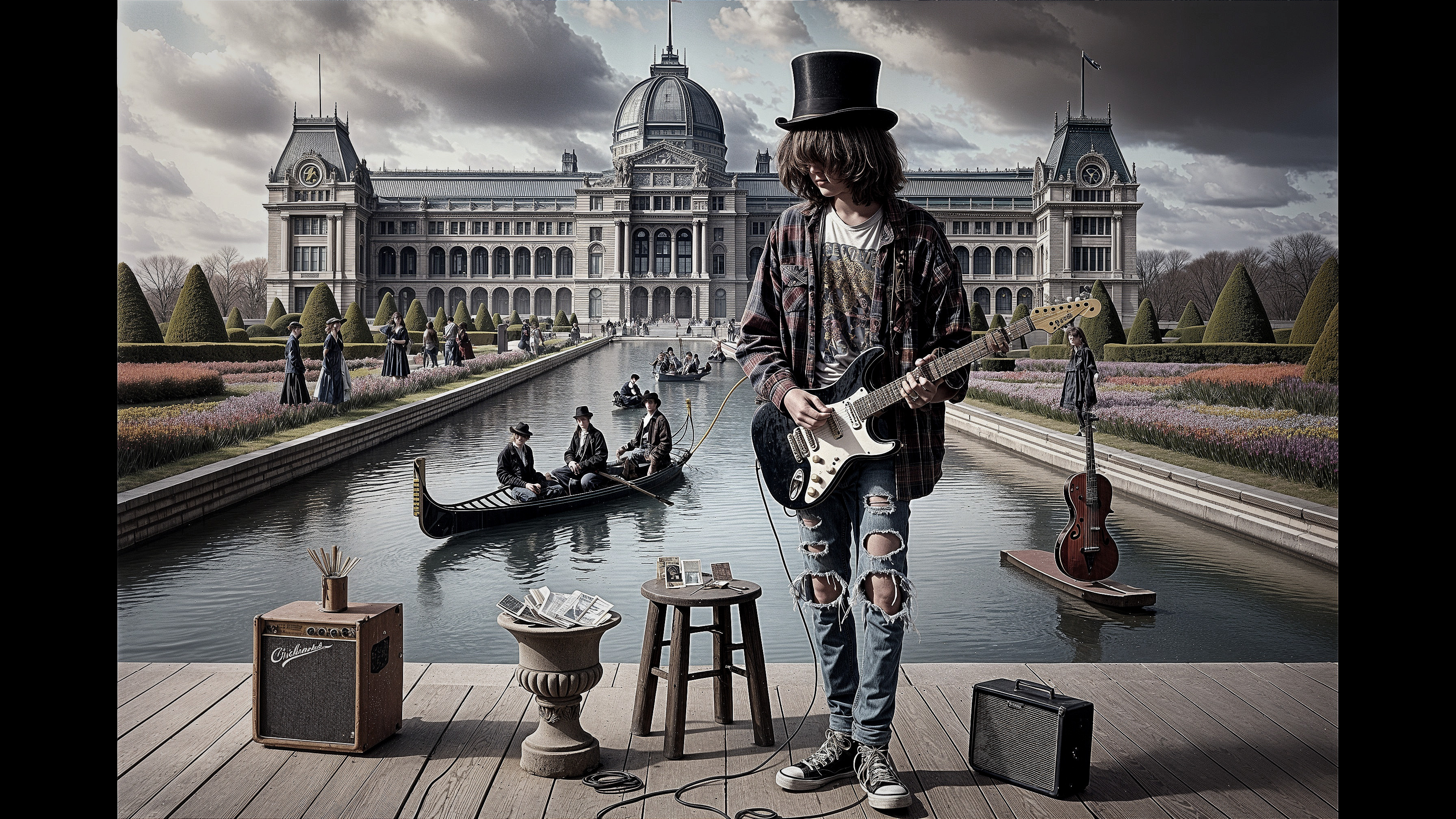 Young musician playing guitar by a canal and palace