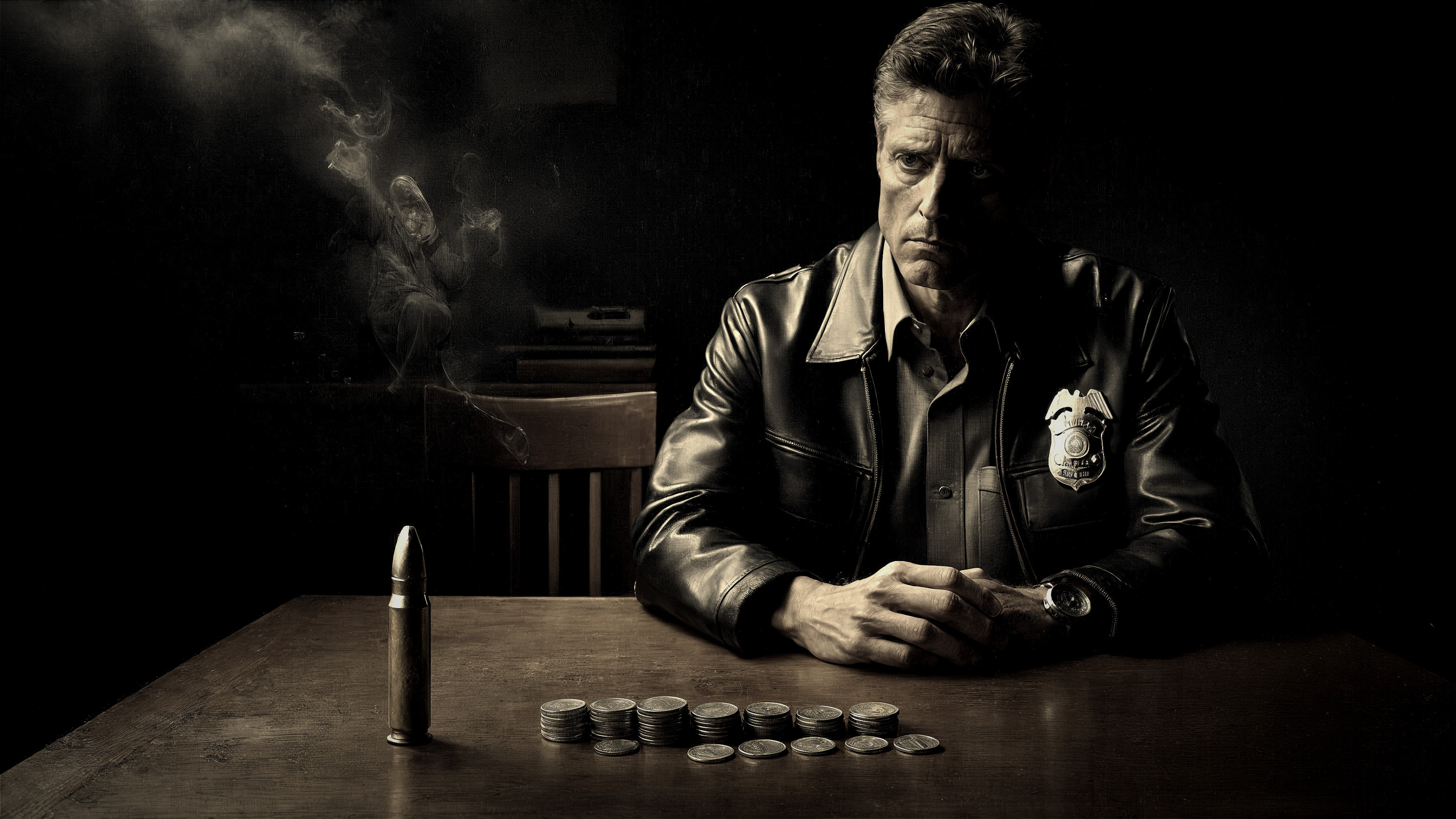 Police Officer Contemplates Bullet and Coins in Dark Room