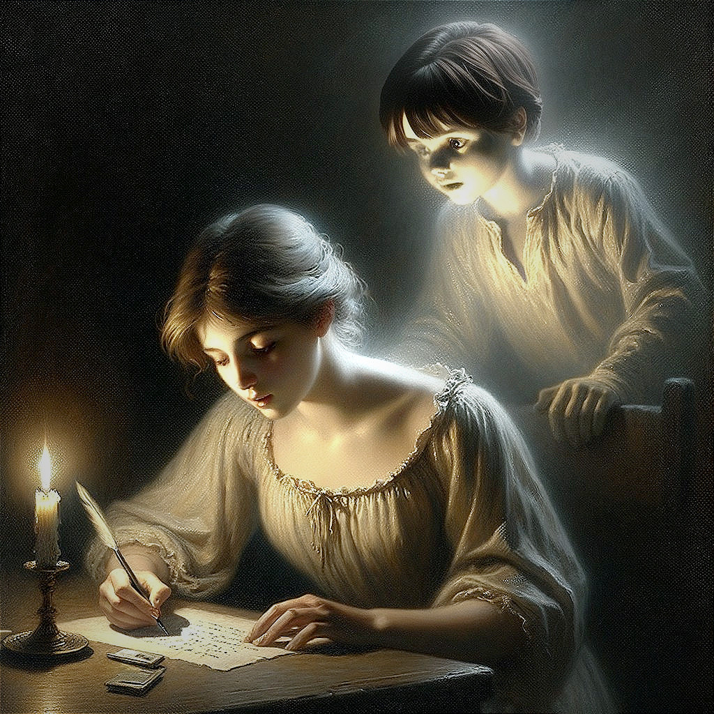 Candlelit Writing Scene with Ethereal Presence