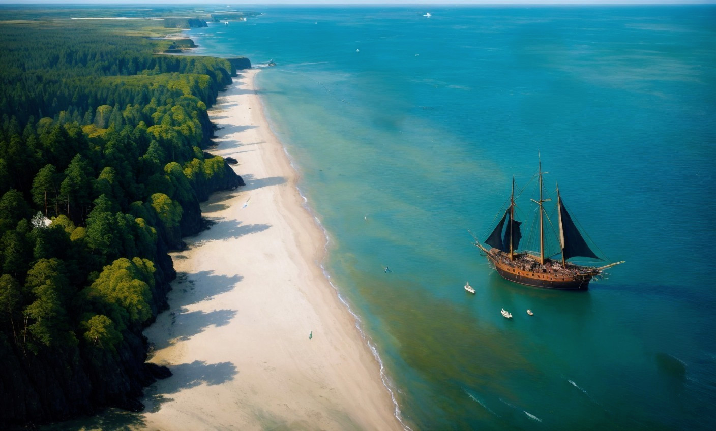 Vintage sailing ship near sandy beach with forest edge and turquoise waters.