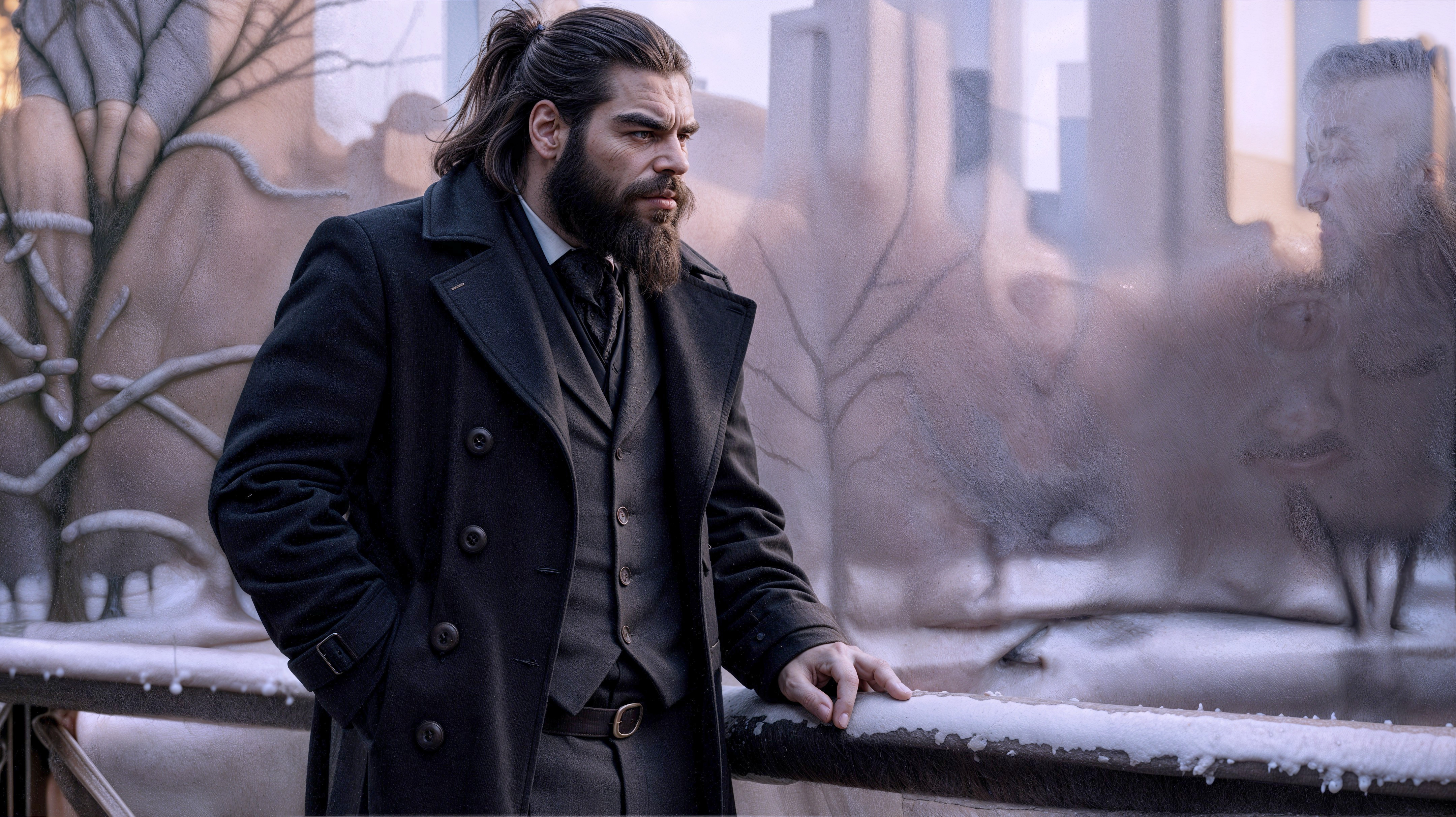 Man in Black Overcoat Against Misty Cityscape