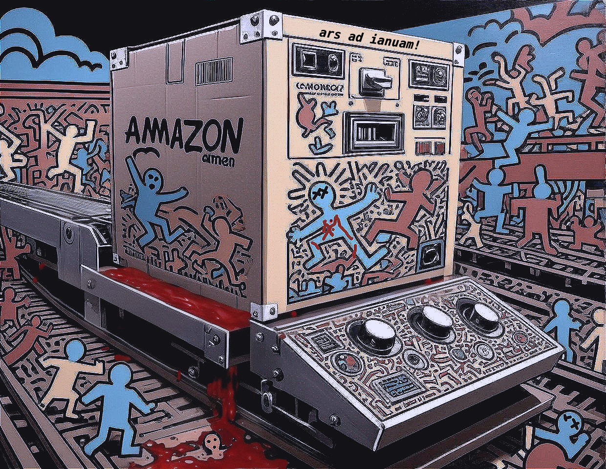 Graffiti-style depiction of an Amazon box on conveyor belt