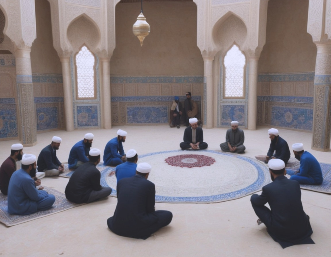 Men in Traditional Attire Sitting in Mosque Circle