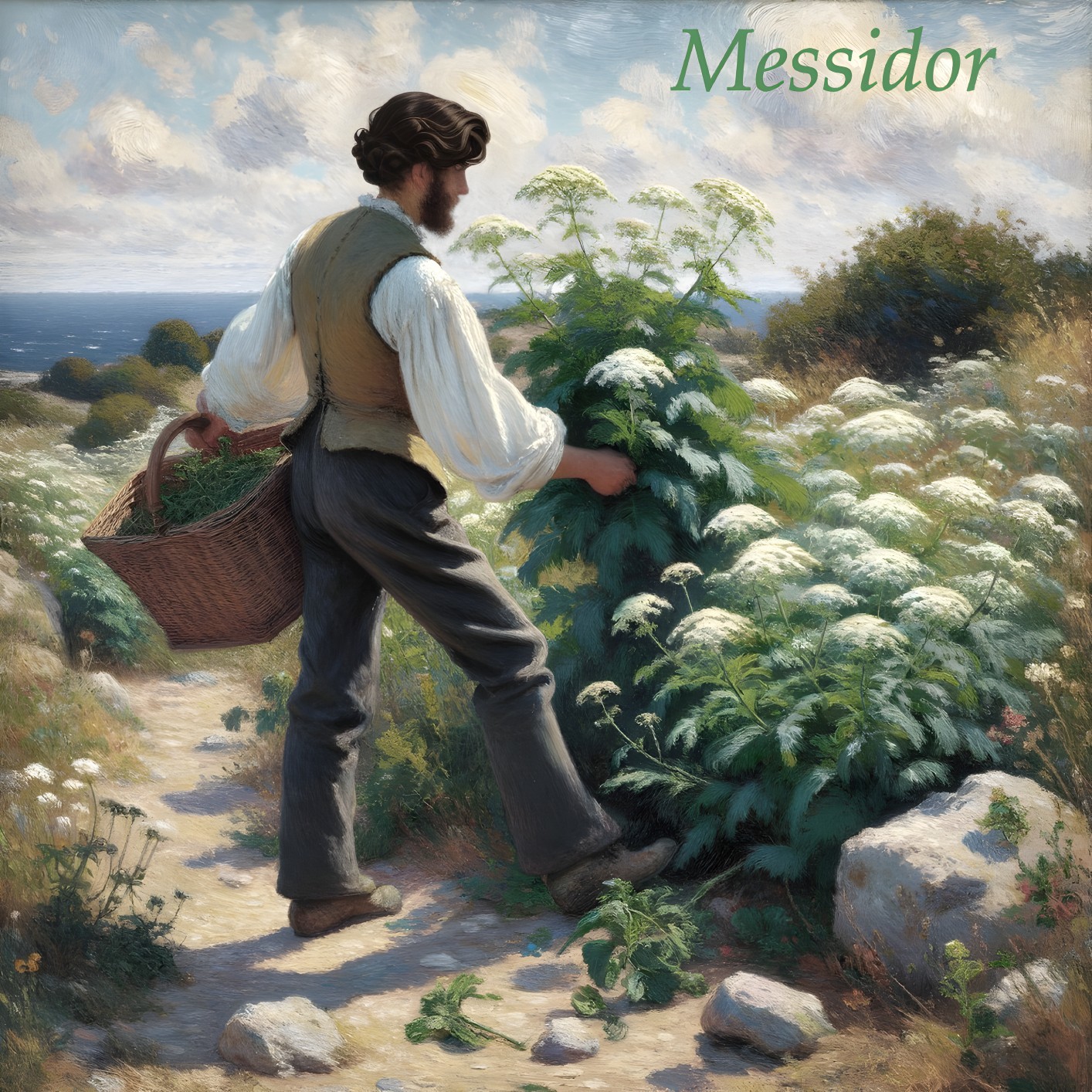 19th-Century Man on Scenic Path with Wildflowers