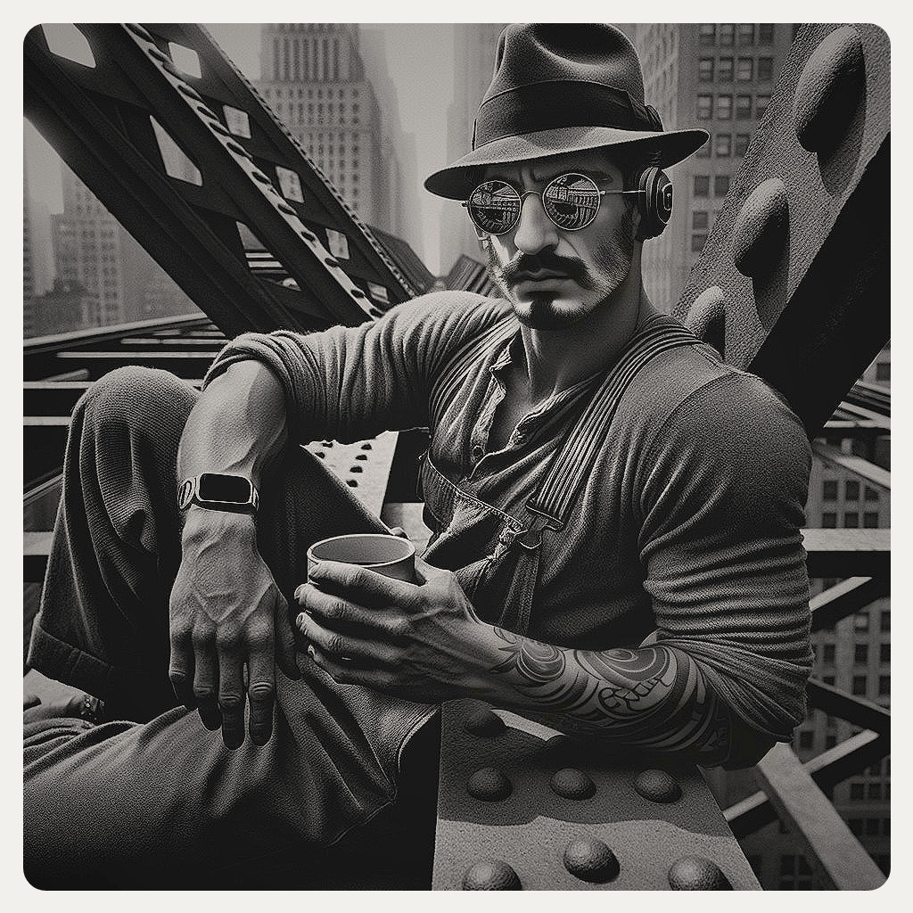 Stylish Man on Steel Structure Overlooking Cityscape