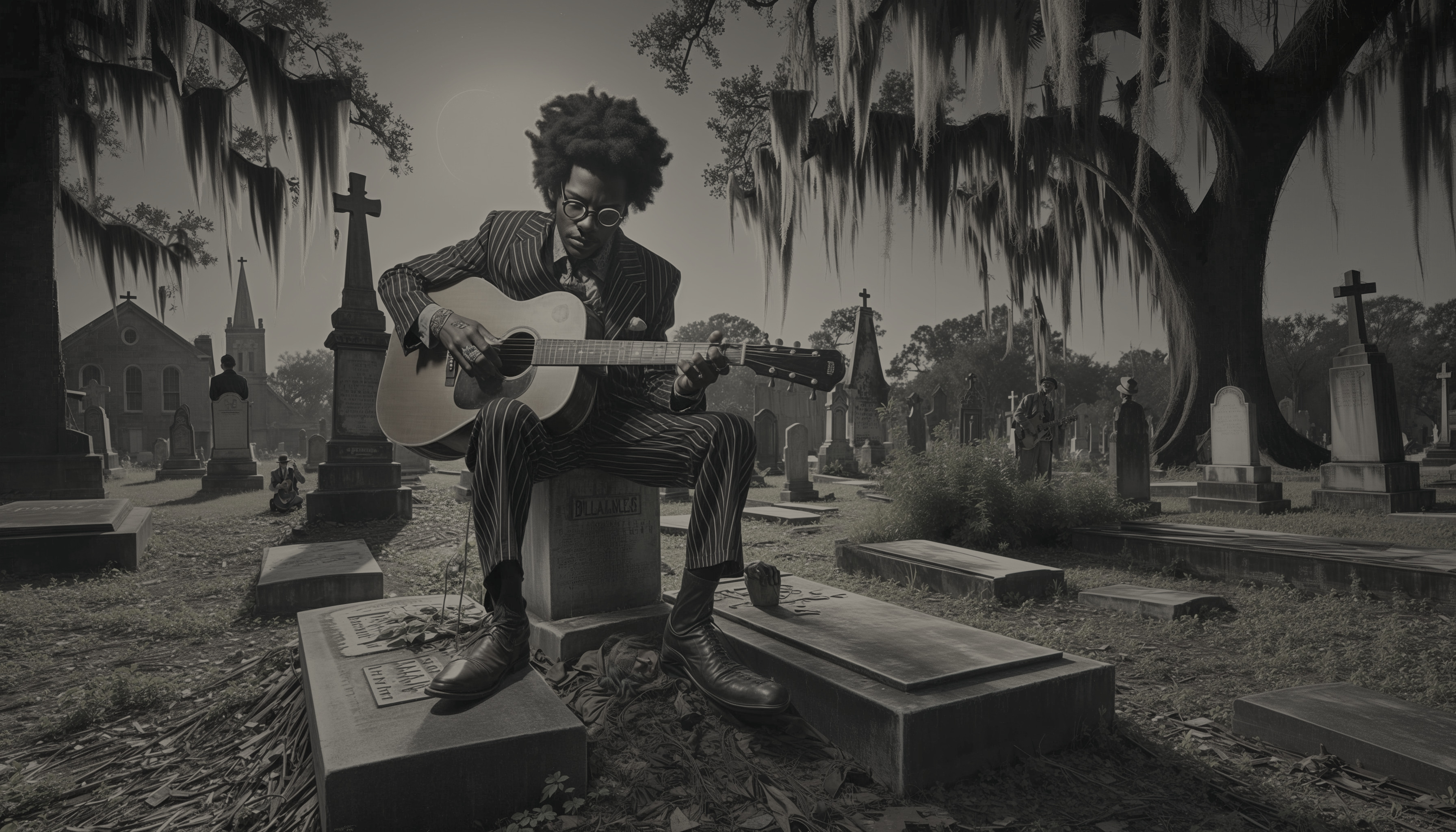 Person in Suit Playing Guitar in Serene Graveyard