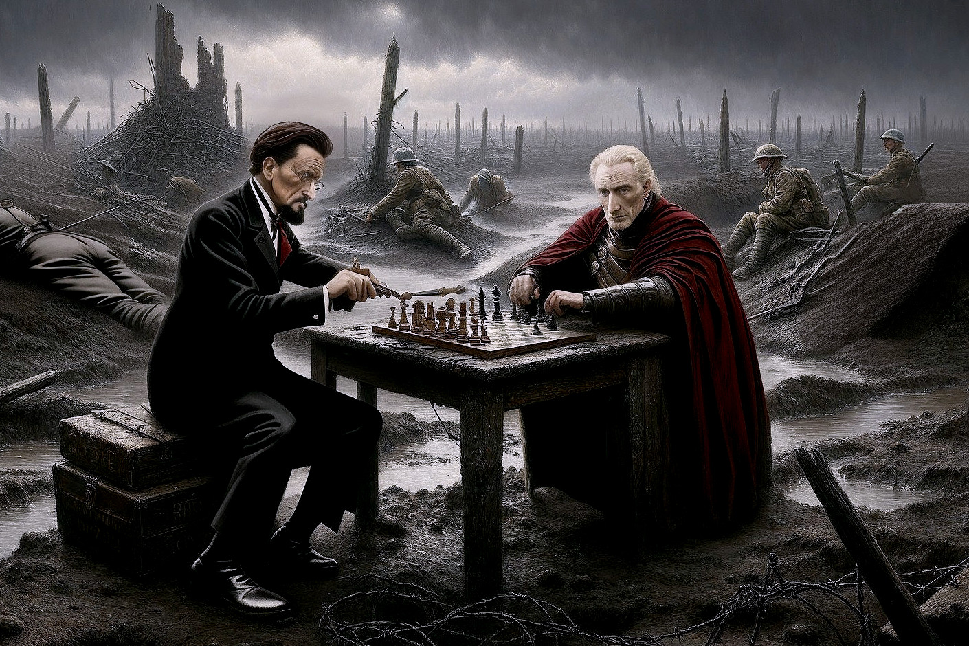 Chess Match Amidst a Desolate Battlefield Setting