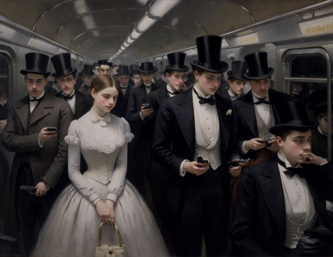 Vintage subway car painting with men in top hats on phones and central woman in white.