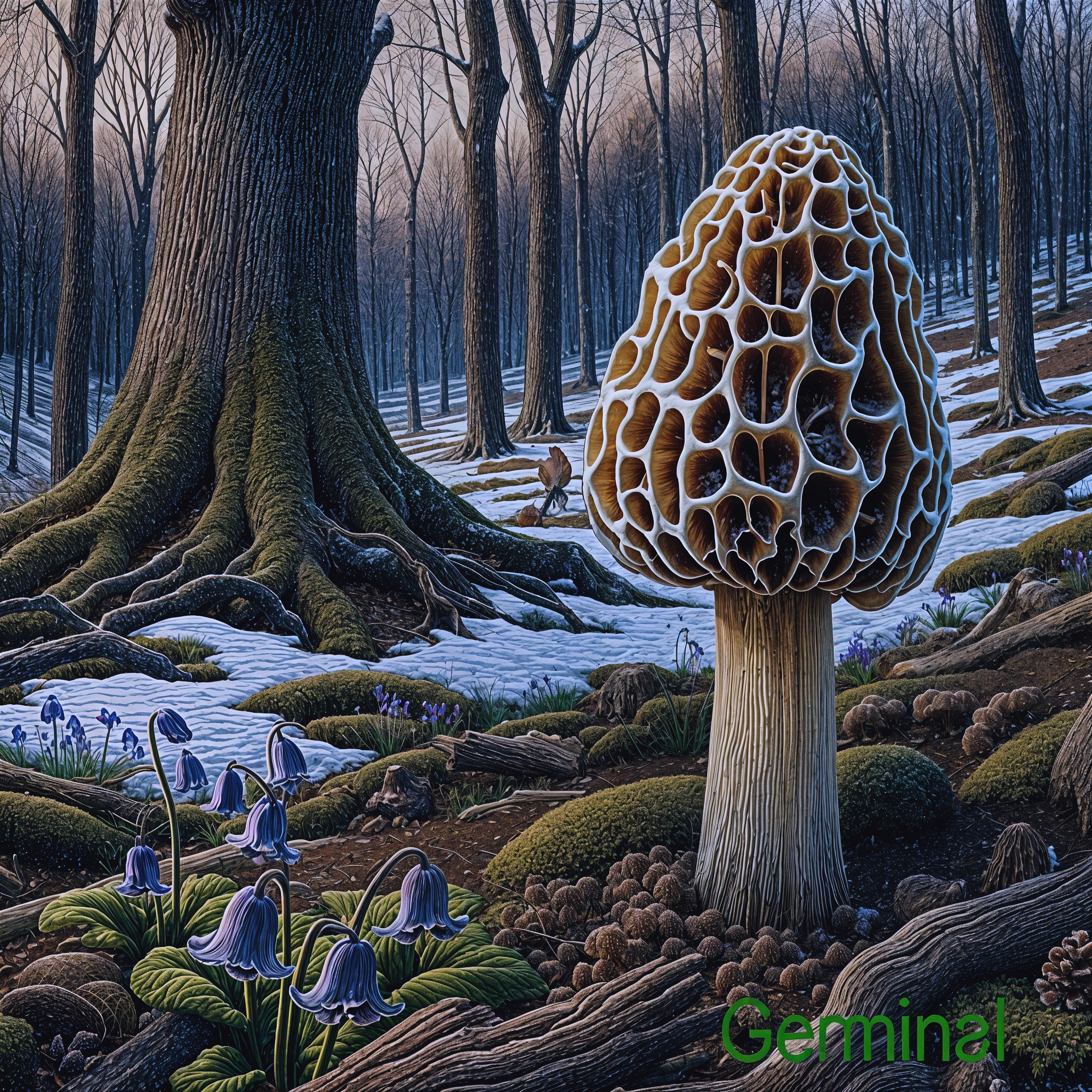 Serene Spring Forest with Morel Mushroom and Bluebells