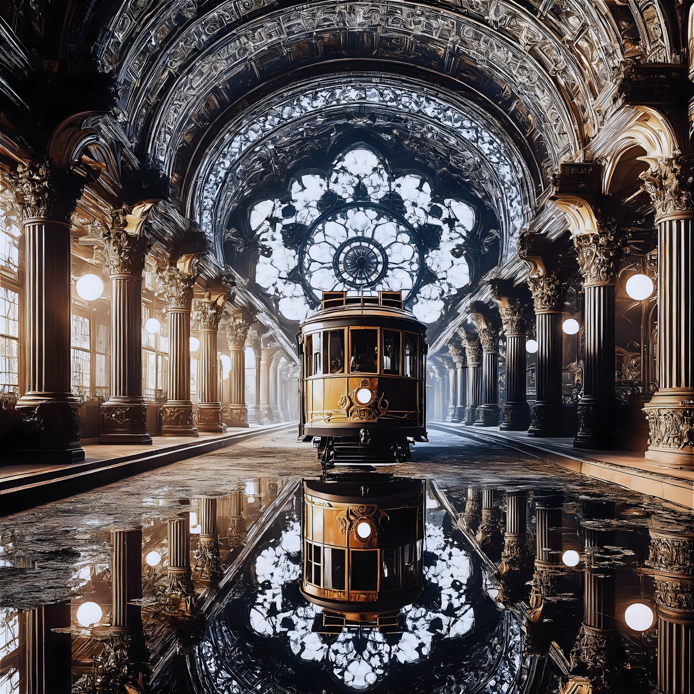 Vintage tram in grand hall with ornate architecture
