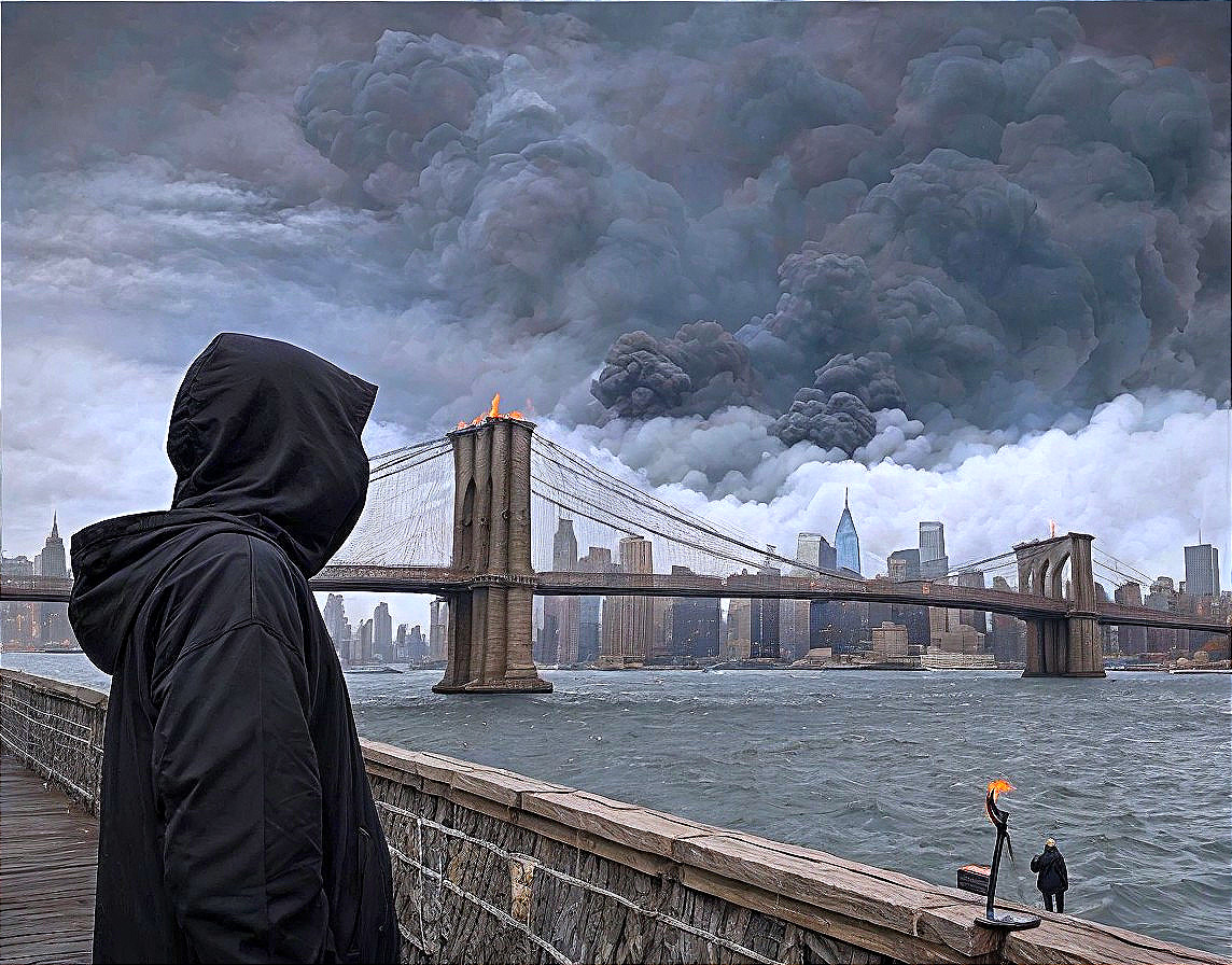 Hooded figure views dark smoke over burning bridge & city skyline