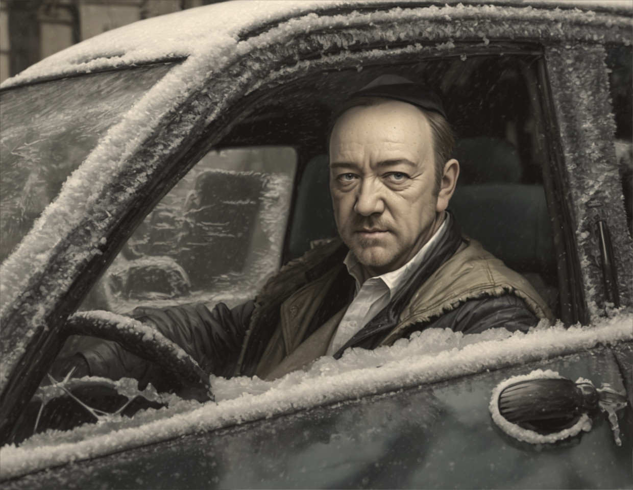 Man in cap and jacket sitting in snow-covered car with serious expression