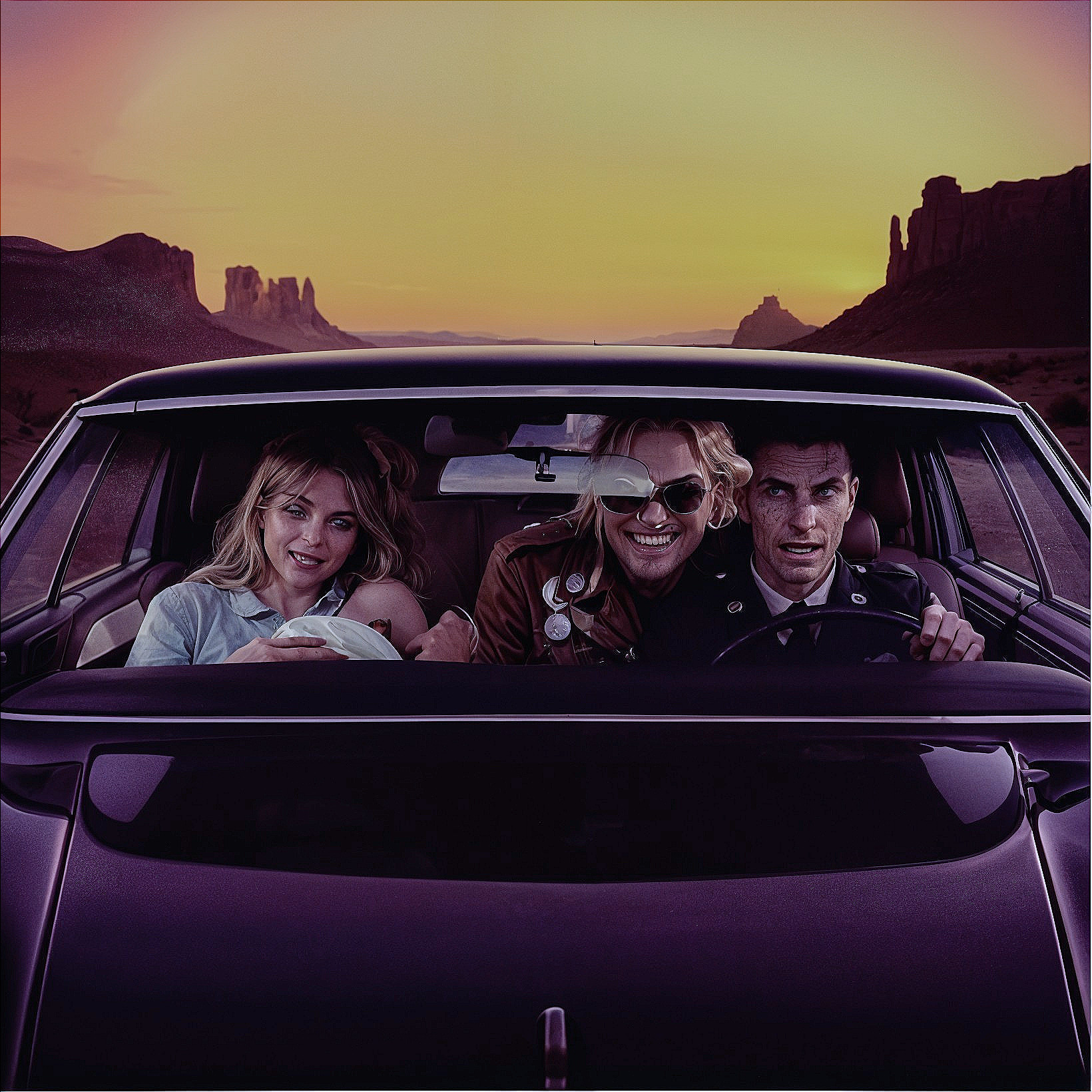 Classic Car Journey Through Desert at Dusk with Friends