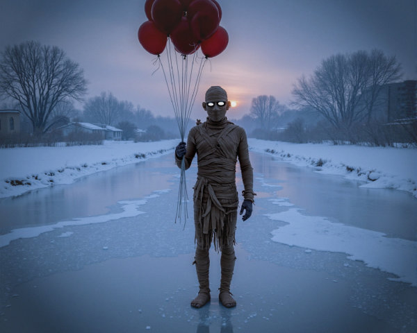 Mysterious Figure with Balloons on Frozen River
