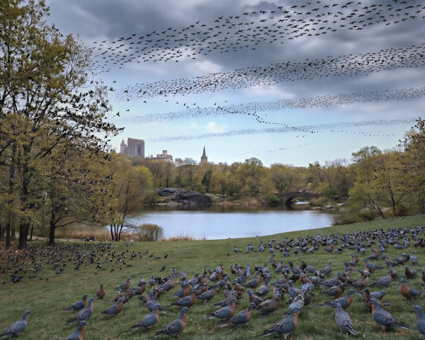 Pigeons and Autumn Colors in a Park Scene
