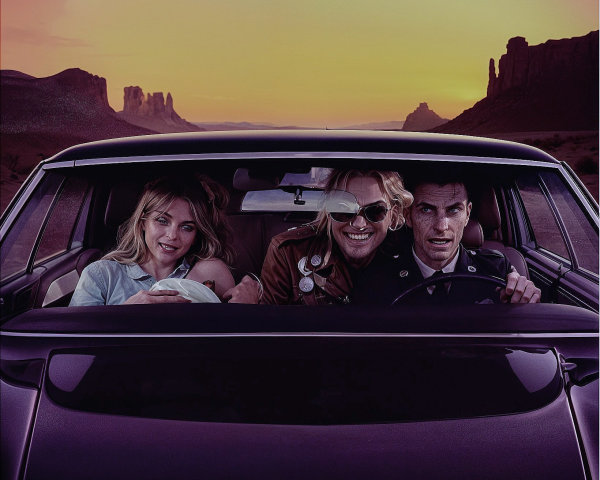 Classic Car Journey Through Desert at Dusk with Friends