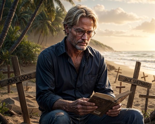 Man with glasses reading on beach near grave markers