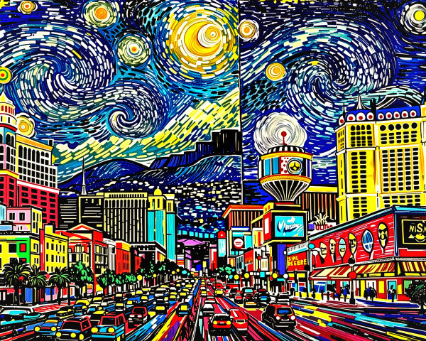Vibrant cityscape with swirling night sky elements