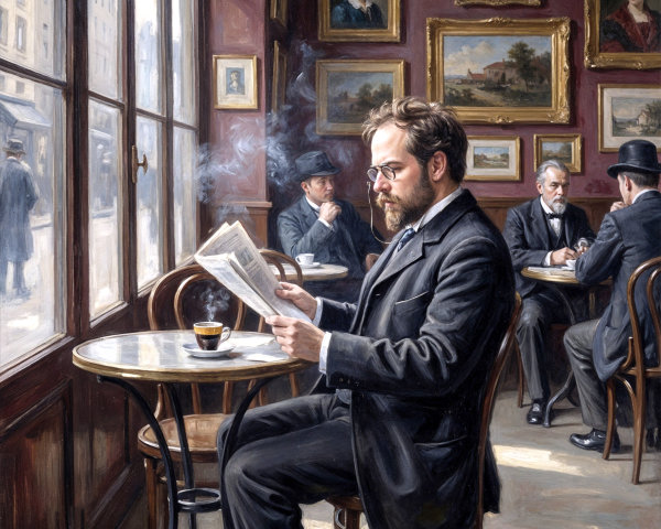 Elegant café scene with patrons in formal attire