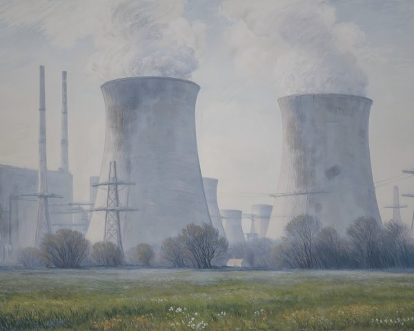 Serene Landscape with Nuclear Power Plant and Fields