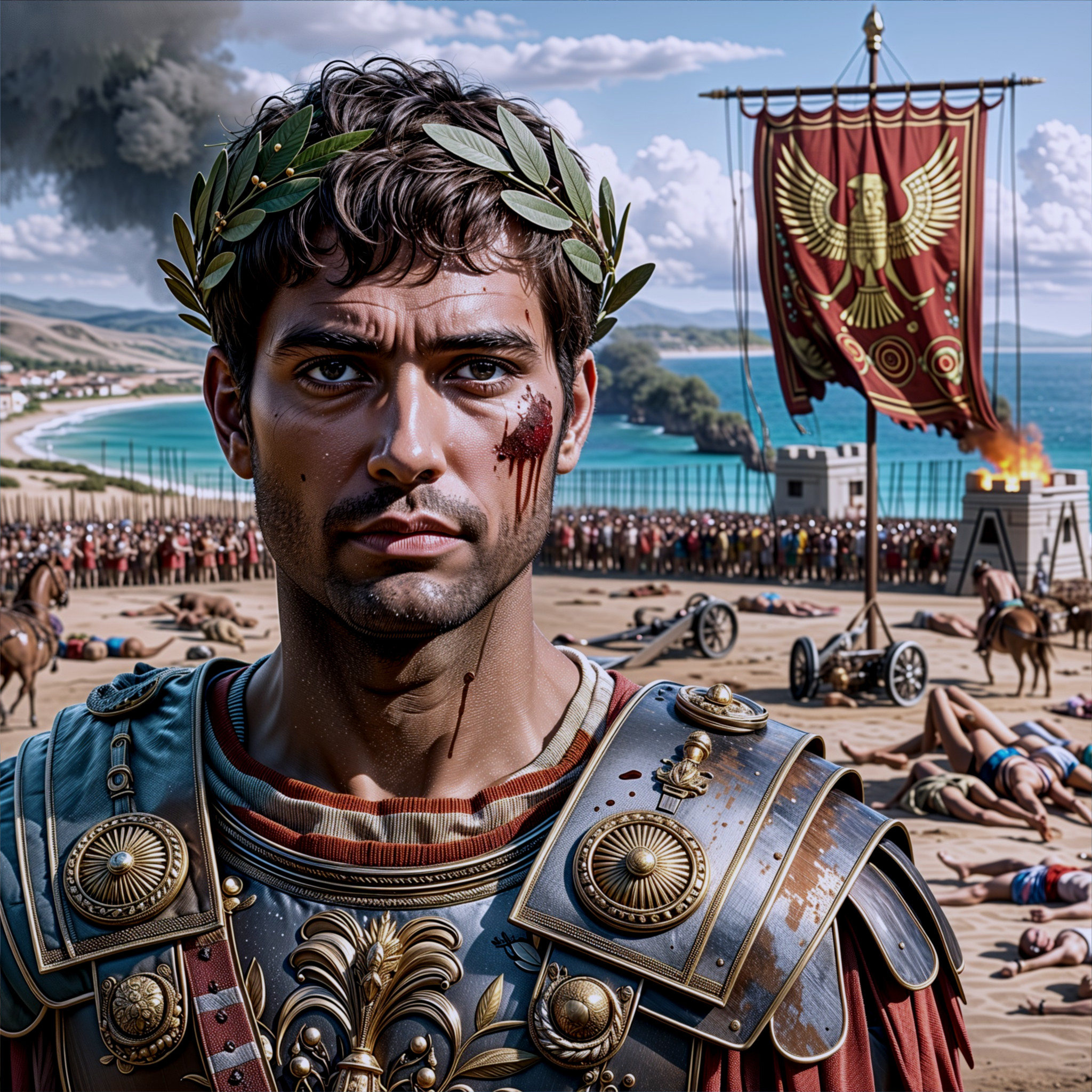 Roman General in Armor Overseeing Coastal Battle Scene