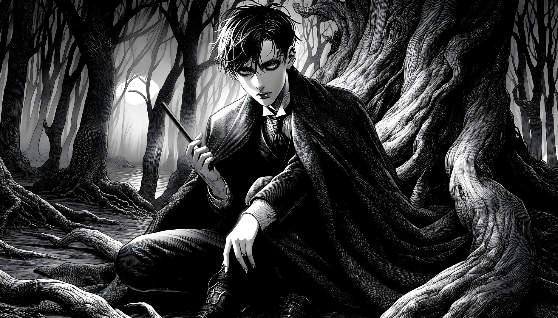 Young figure in black suit in shadowy forest setting