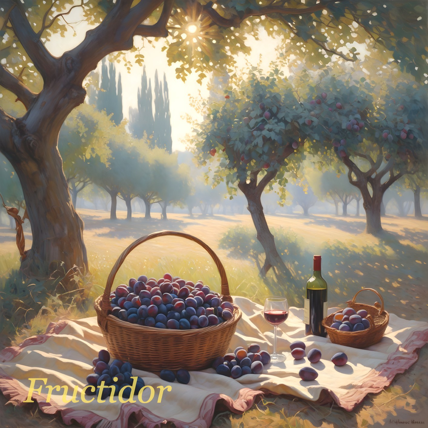 Serene Orchard Scene with Ripe Plums and Wine Setup