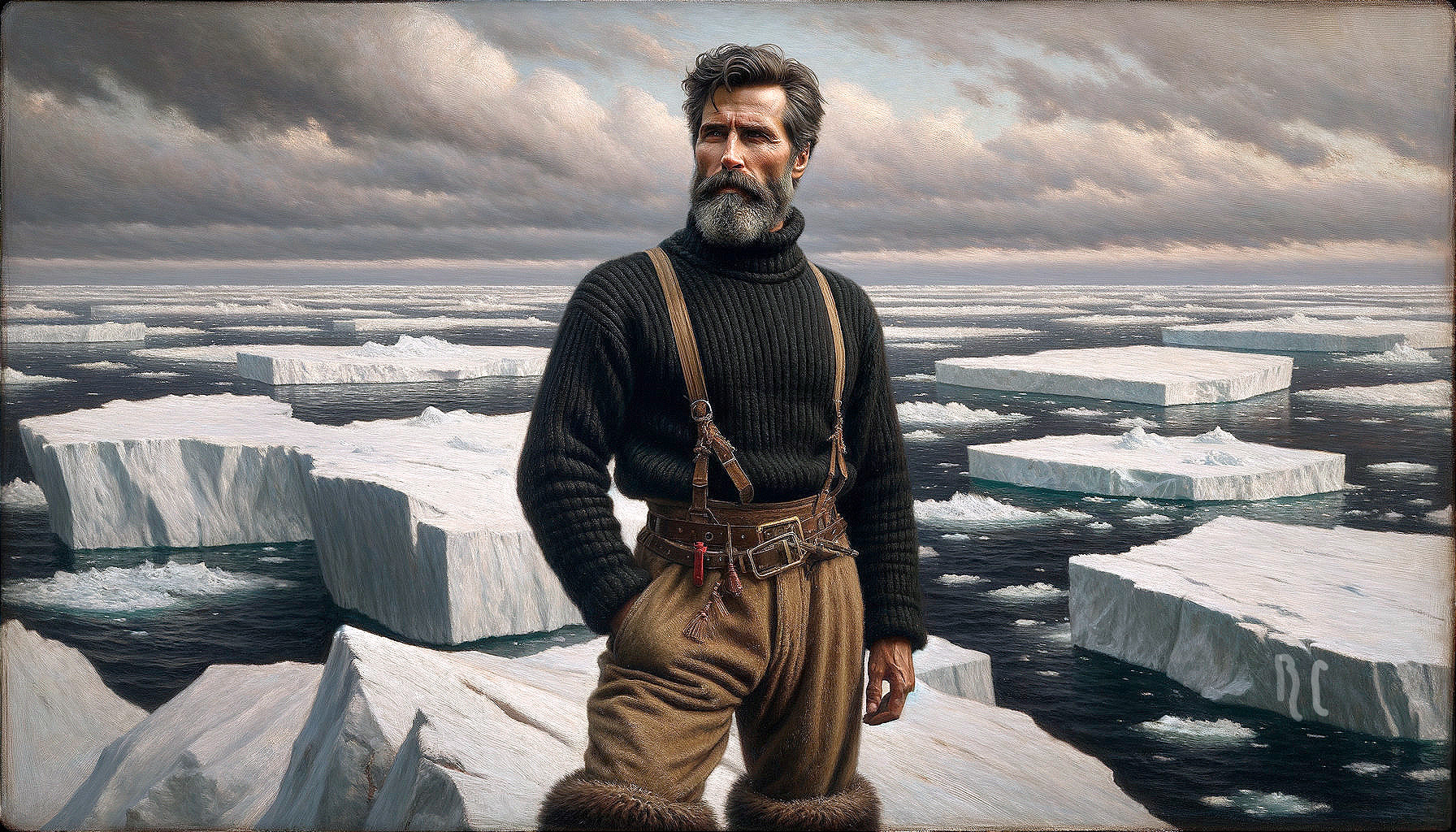 Rugged figure on iceberg in dramatic icy waters