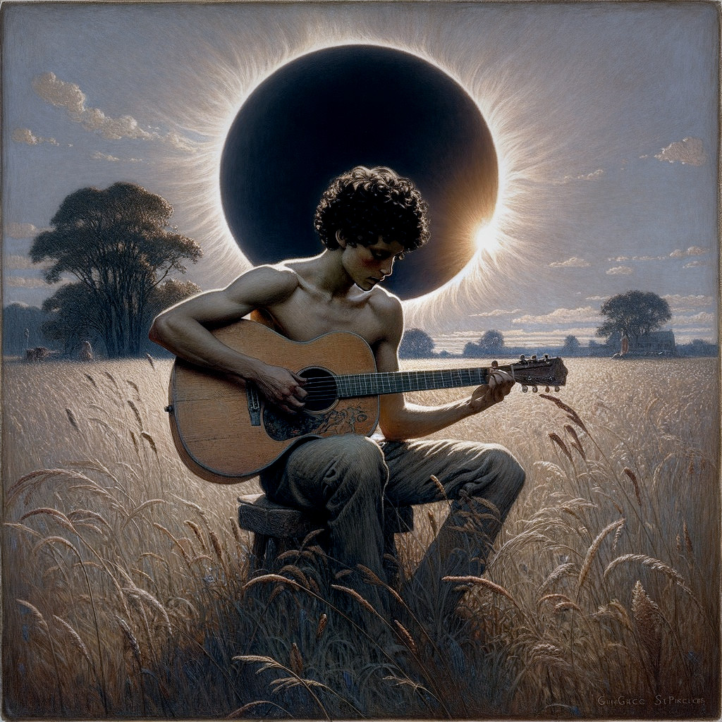 Young man playing guitar in golden field during eclipse