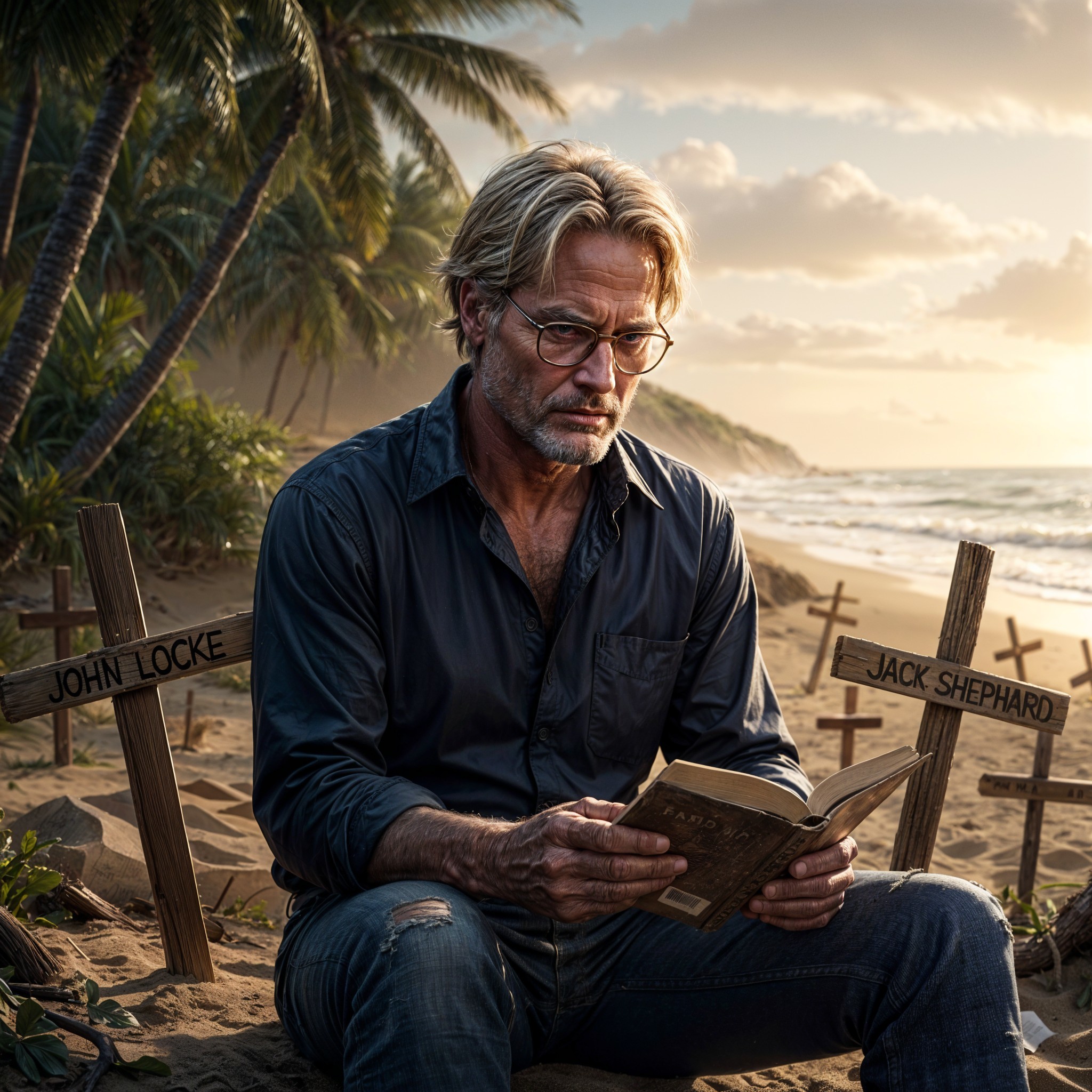 Man with glasses reading on beach near grave markers