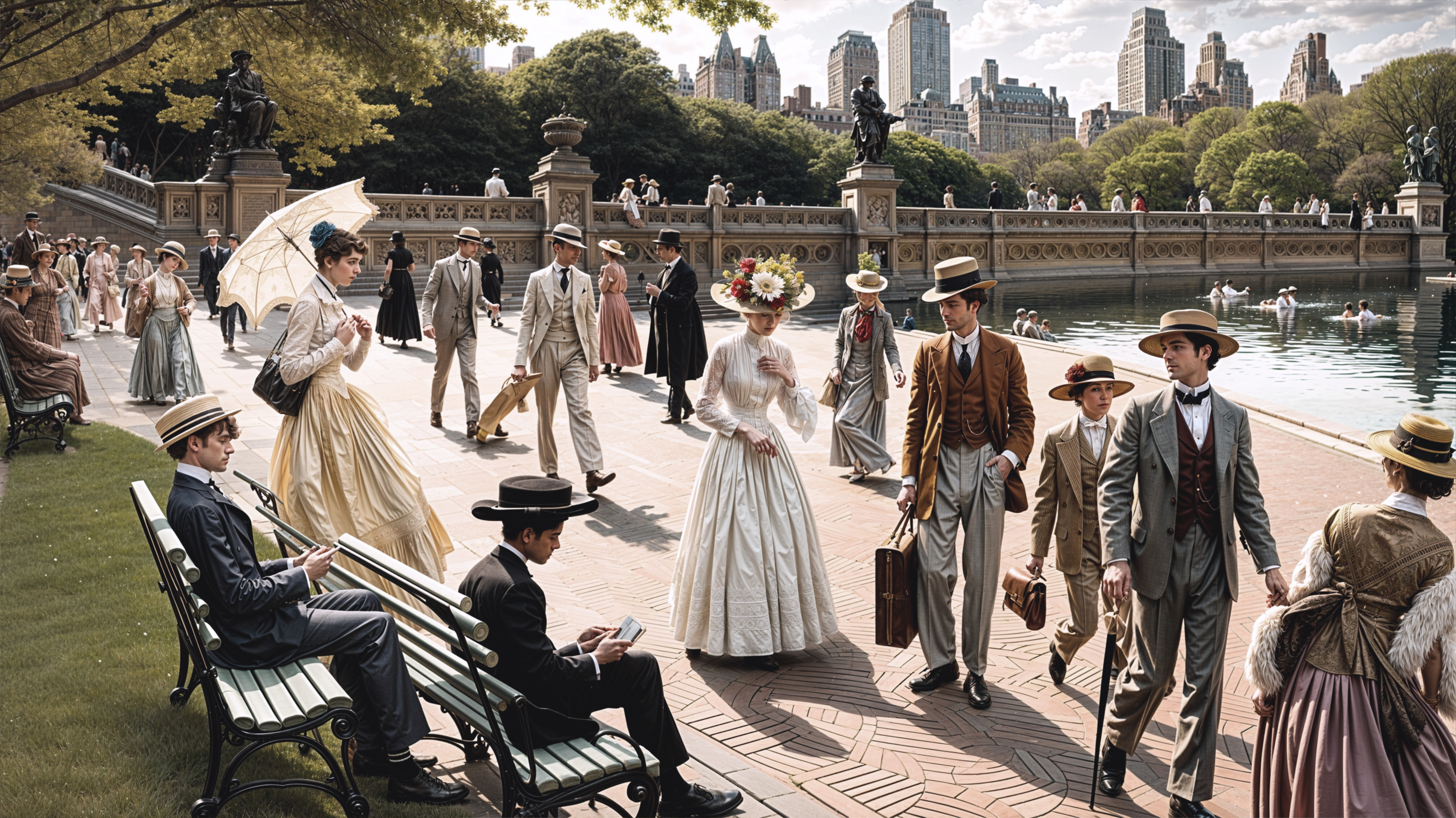 Late 19th Century Park Scene with Elegant Strollers