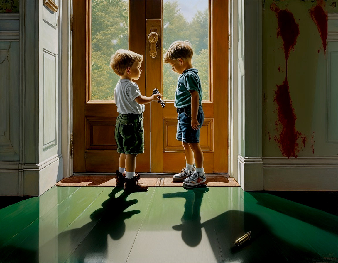 Two boys exchanging a key in a sunlit room