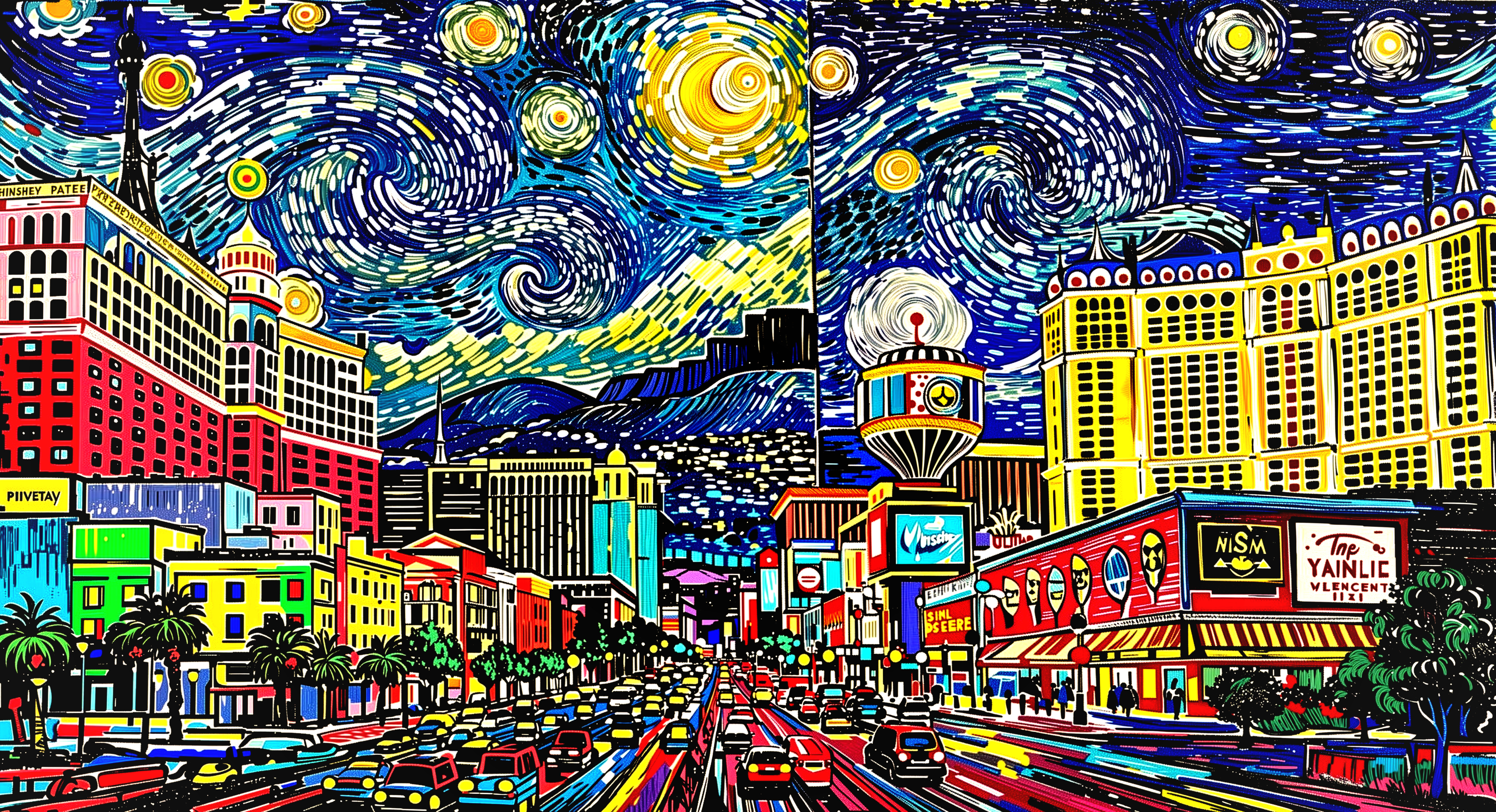Vibrant cityscape with swirling night sky elements