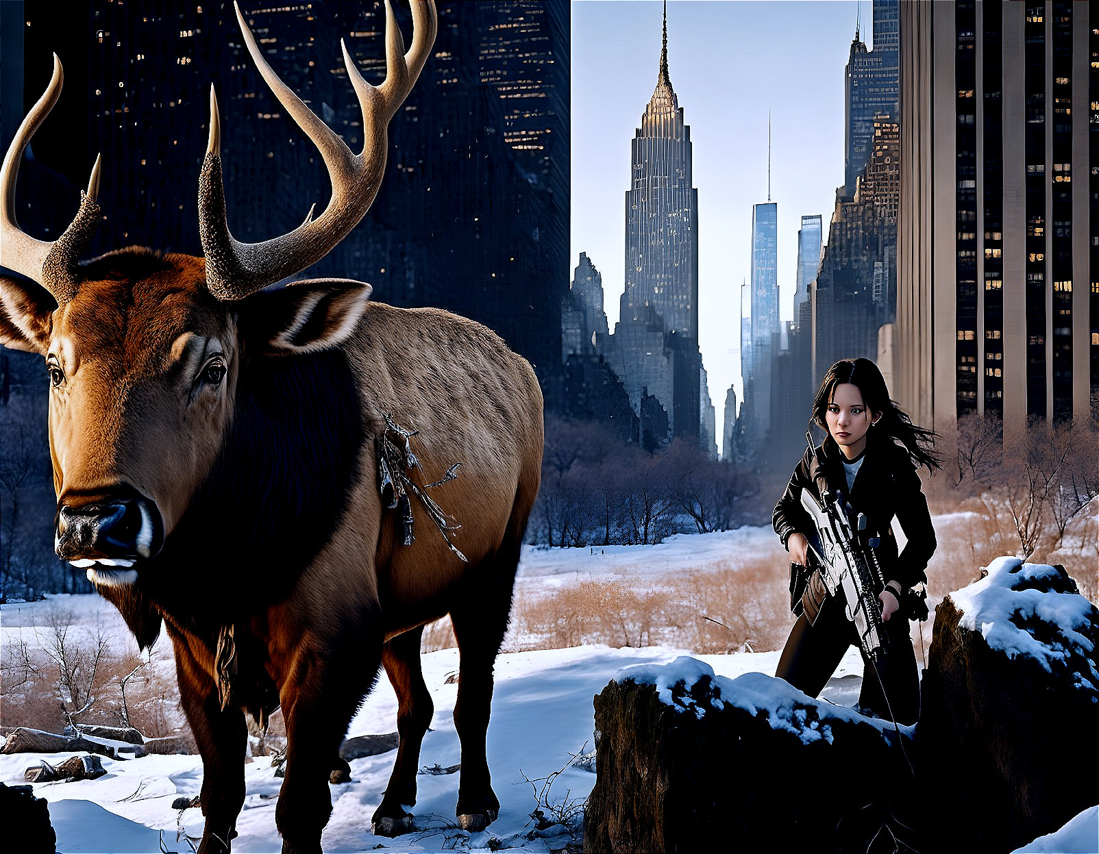 Elk on snowy ground with cityscape backdrop and woman holding bow
