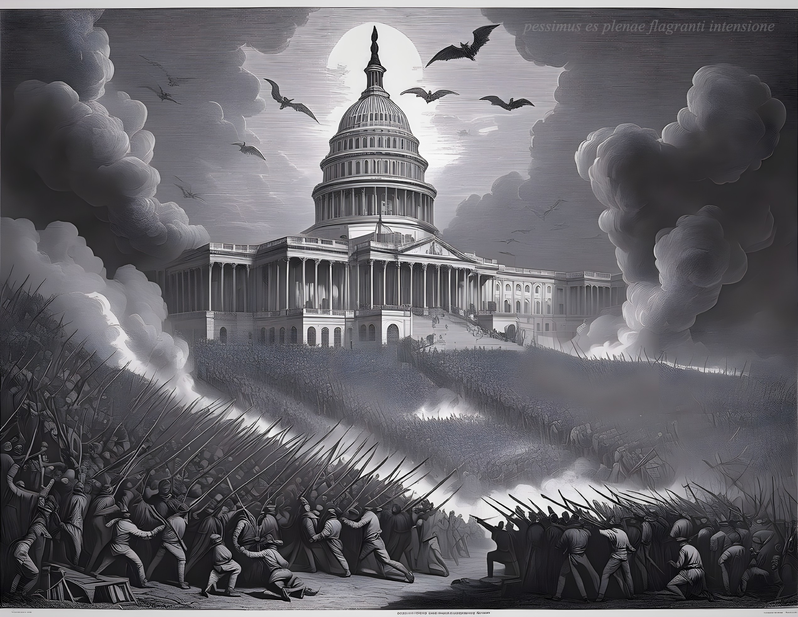 Monochrome illustration of armed crowds at Capitol with bats and Latin text.