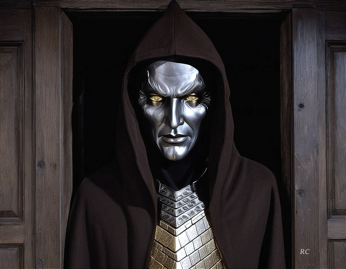 Hooded figure with metallic mask and detailed facial features.