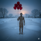 Mysterious Figure with Balloons on Frozen River