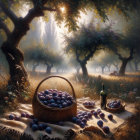 Serene Orchard Scene with Ripe Plums and Wine Setup