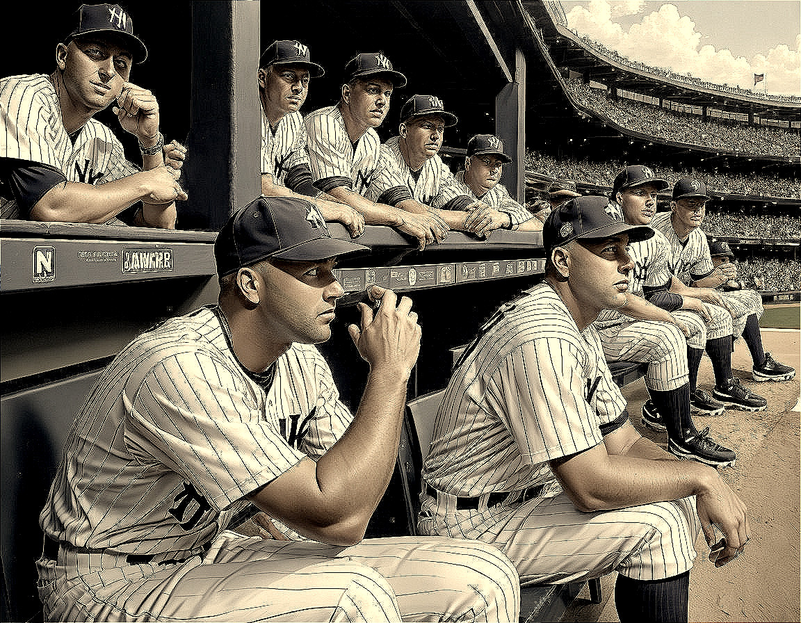 Baseball players in pinstripe uniforms in dugout.