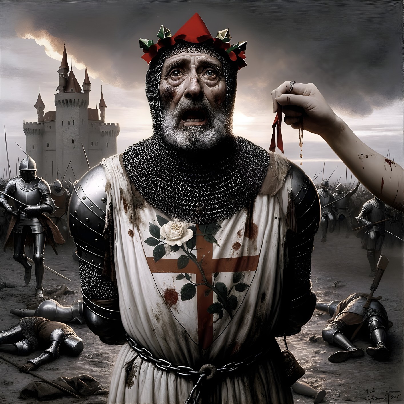 Medieval Scene of a Knight in Tattered Armor