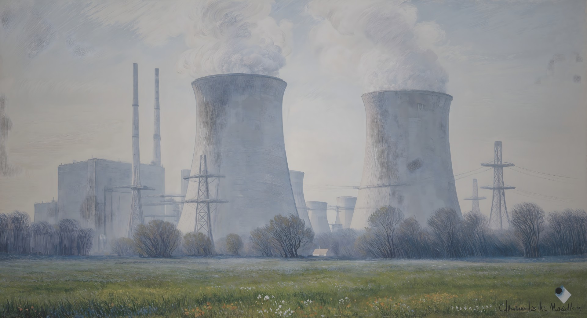 Serene Landscape with Nuclear Power Plant and Fields