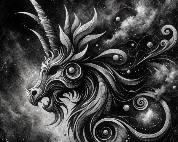 Intricate Black and White Unicorn Head Design