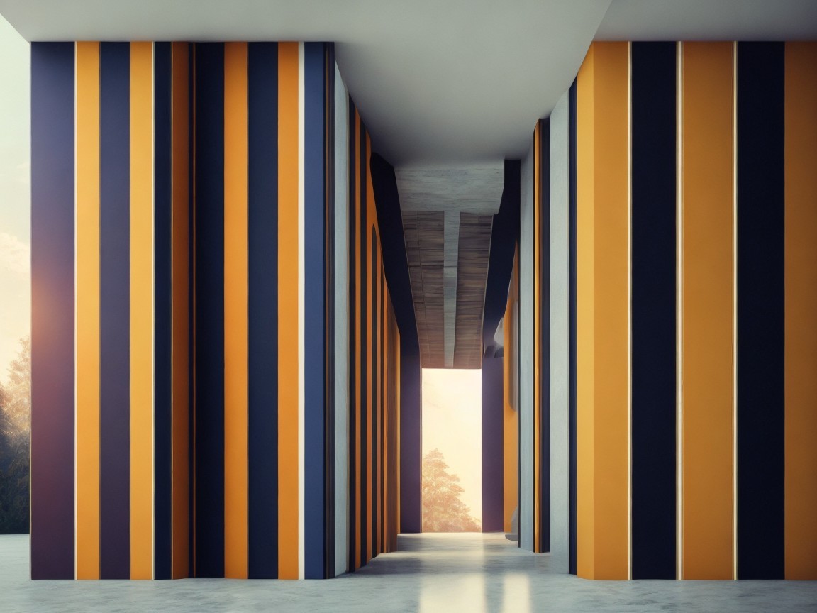 Modern architectural space with striped columns and light