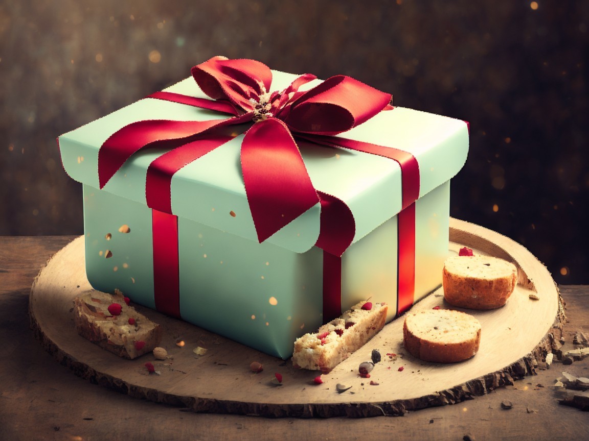 Gift Box with Red Ribbon on Rustic Platter and Cake